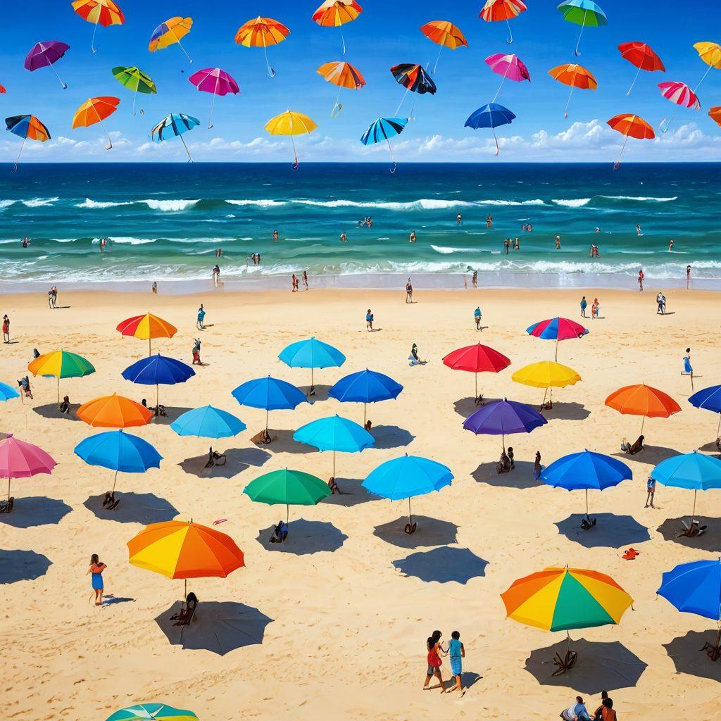 A picturesque beach scene featuring a diverse group of people enjoying a lively kite festival, vibrant kites soaring high in the bright blue sky, with stylish, colorful swimwear designs on display among beachgoers. Warm sunlight glistens on the ocean waves, and beach umbrellas dot the sandy shore, creating a festive, summery atmosphere. super-realistic. vibrant colors. bright blue sky.